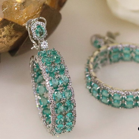 Green Crystal Hoop Earrings - Picture 3 of 4